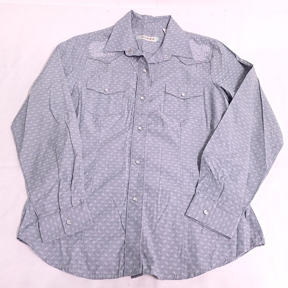 Roper Western Shirt Womens M Blue Paisley Pearl Snap Floral Yoke Embroidery